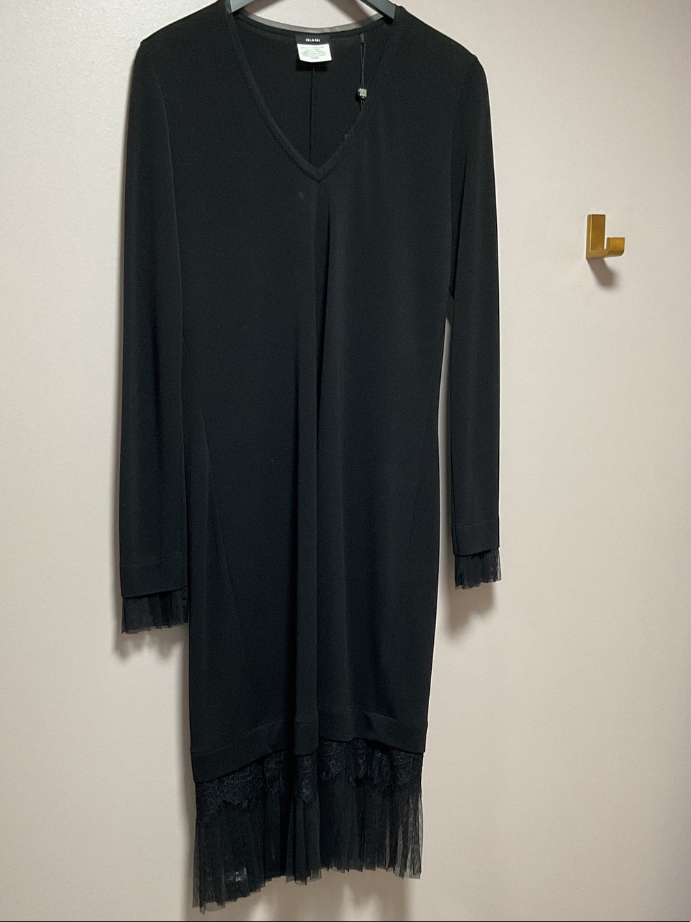 RIANI Black V-Neck Long Sleeve Dress with Tulle Trim